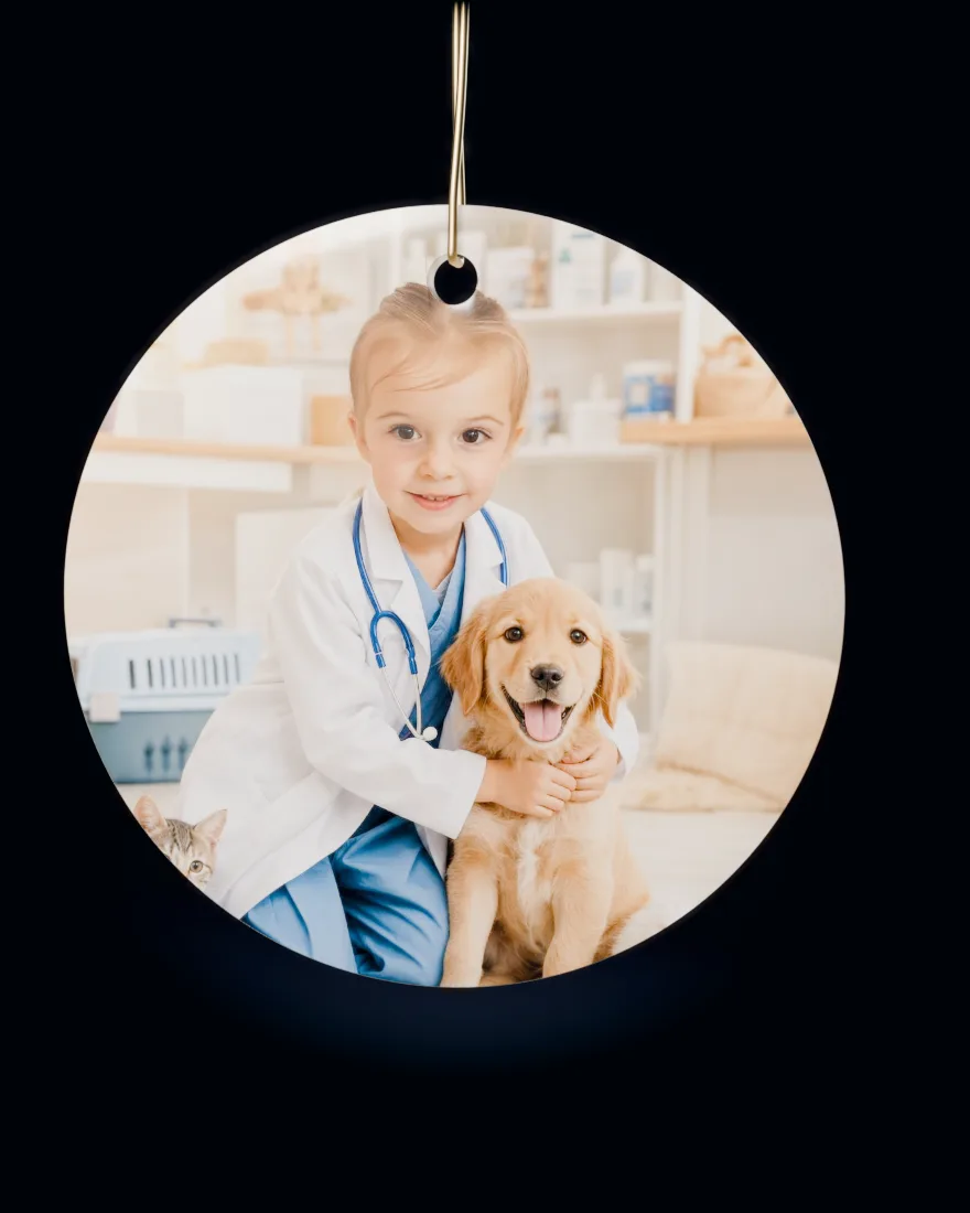 Pet Vet printed on a round ceramic Christmas ornament