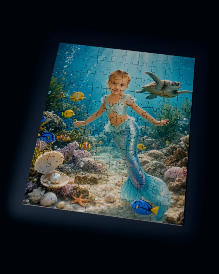 A child painted as a mermaid on a coral reef with a sea turtle, printed as a custom jigsaw puzzle