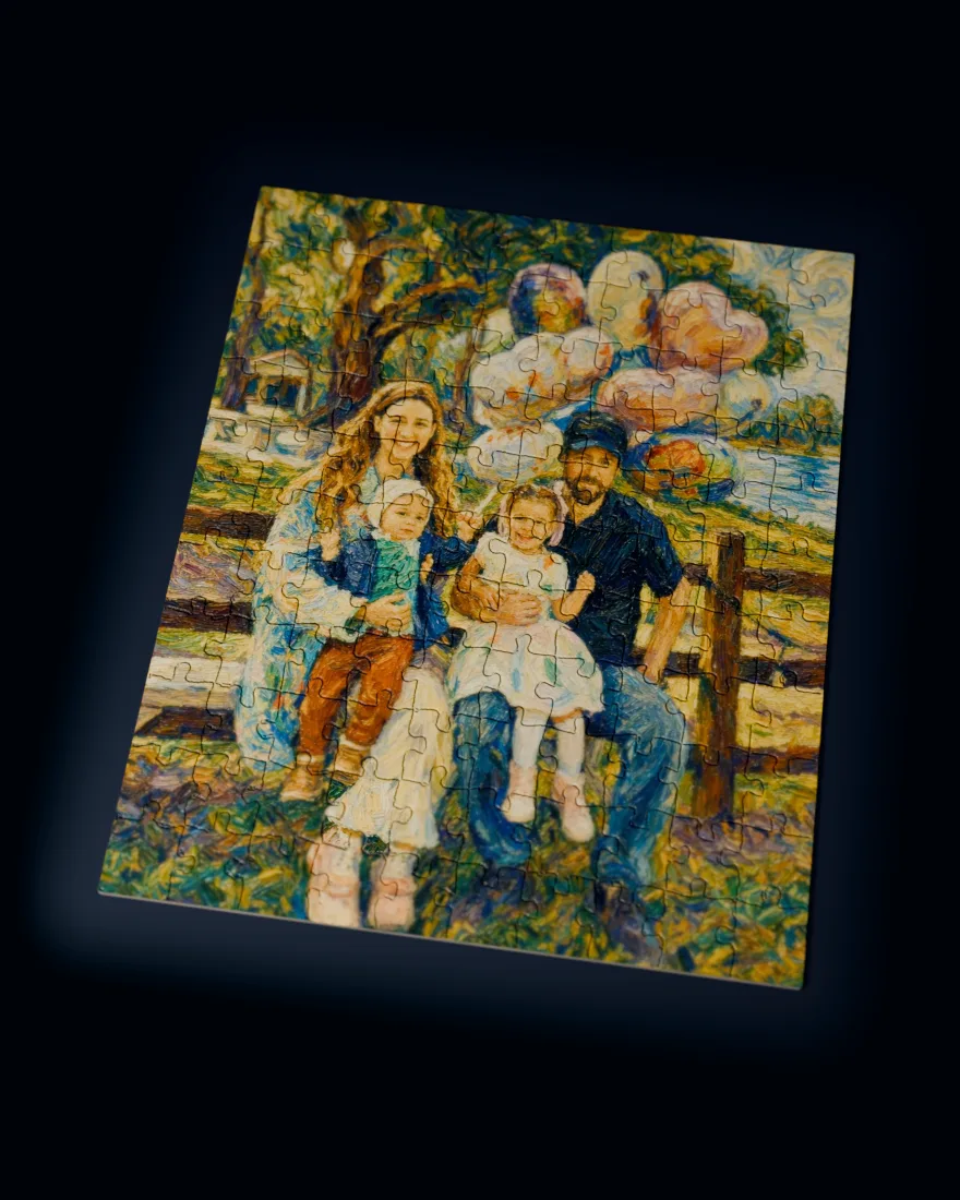 A family of four on a fence painted in a swirling oil style, printed as a jigsaw puzzle