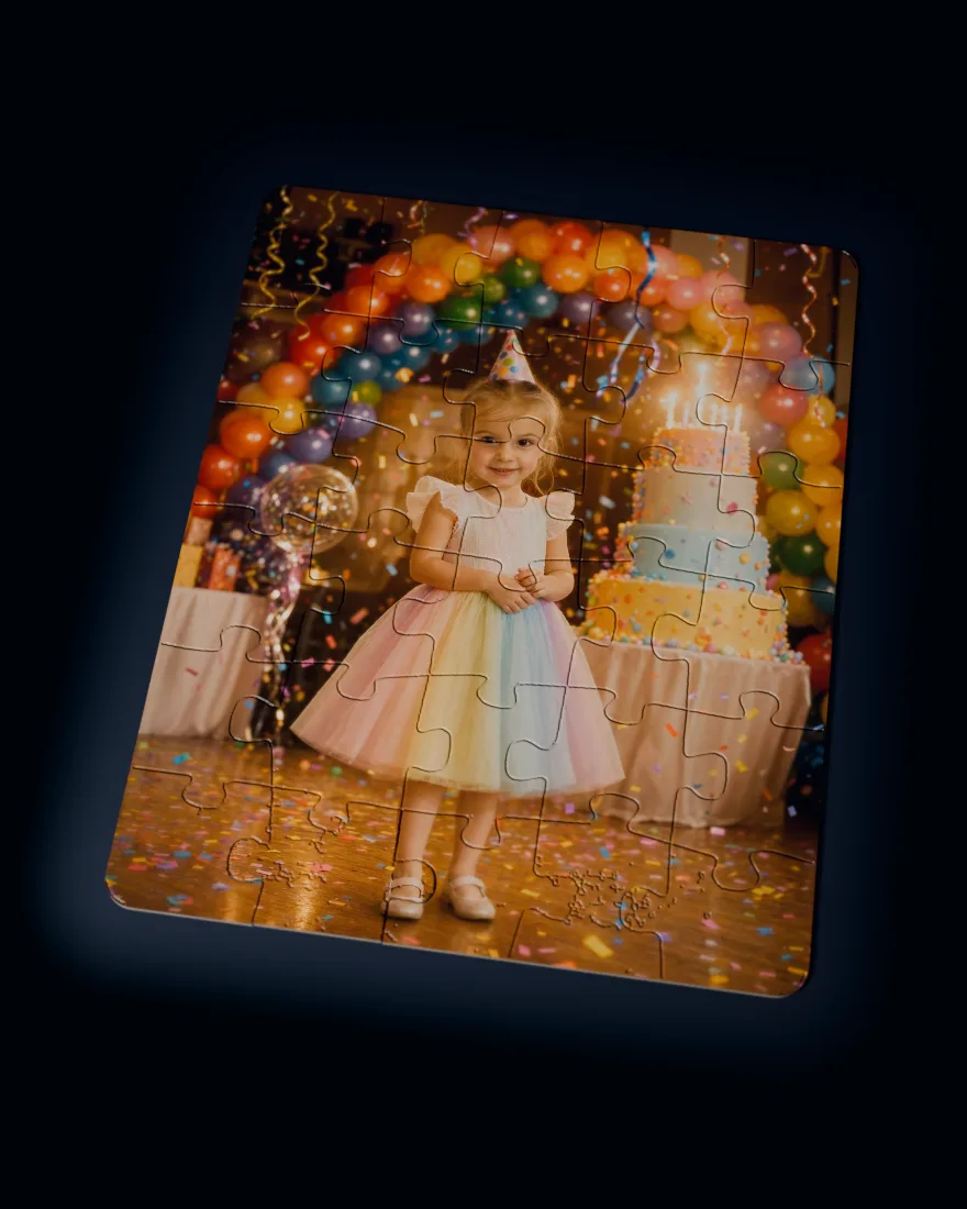 Birthday Bash printed as a custom jigsaw puzzle, every piece in place