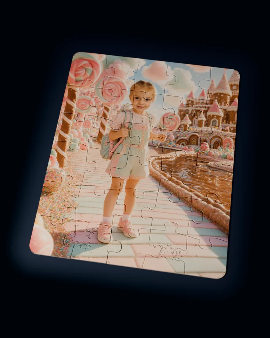 Candy Kingdom printed as a custom jigsaw puzzle, every piece in place