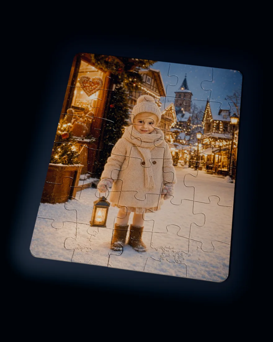 Christmas Village printed as a custom jigsaw puzzle, every piece in place