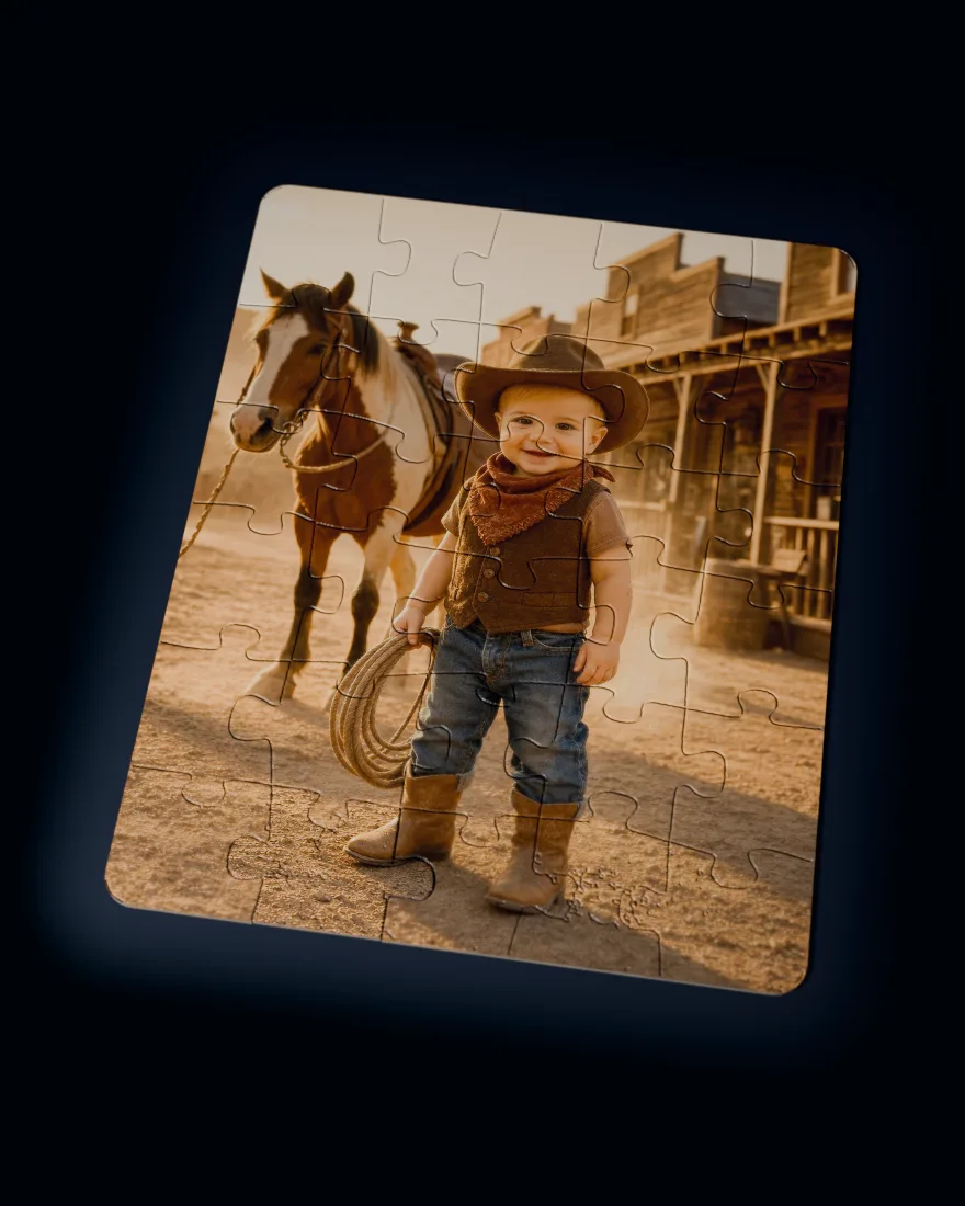 Wild West Cowboy printed as a custom jigsaw puzzle, every piece in place