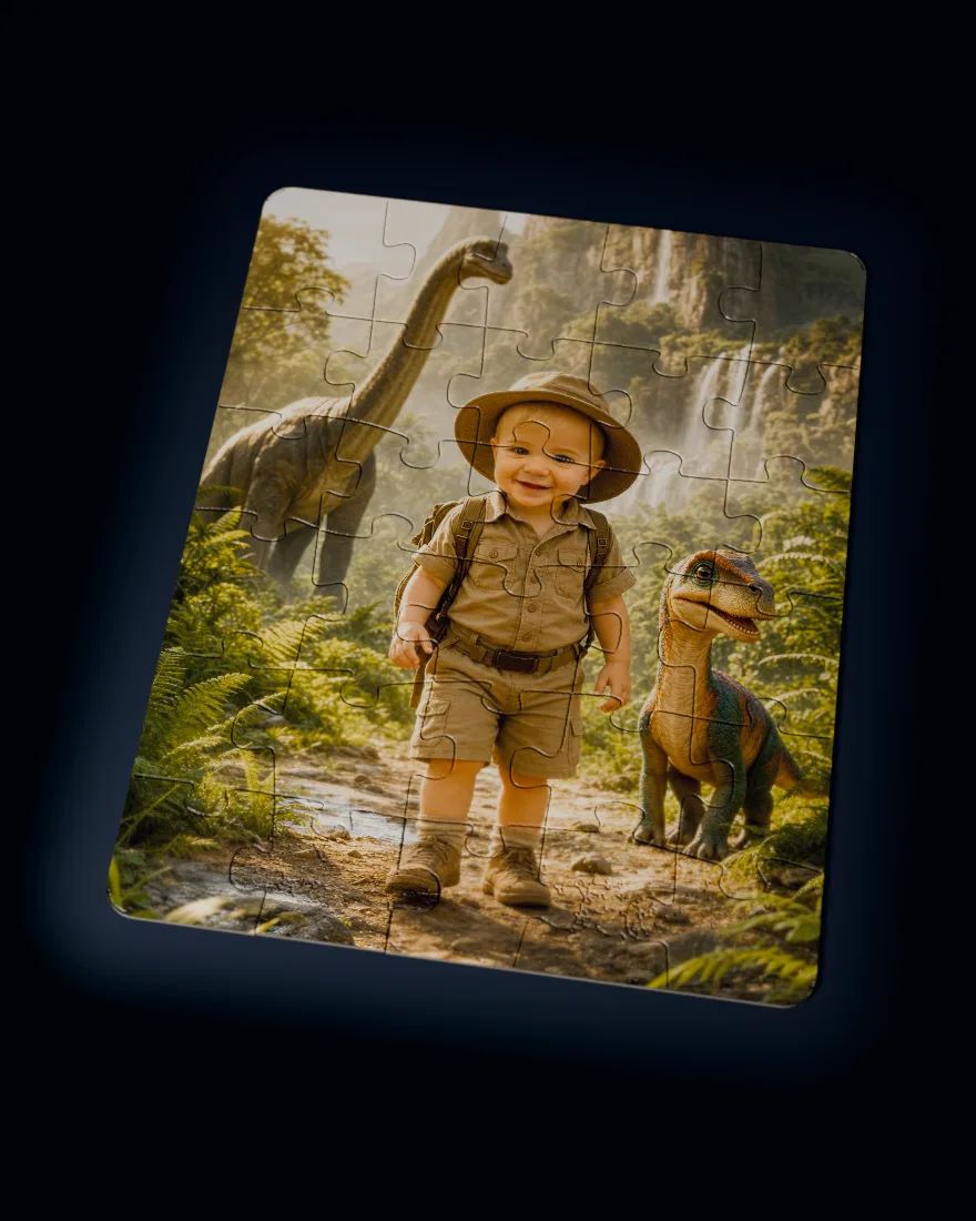 Dino Expedition printed as a custom jigsaw puzzle, every piece in place