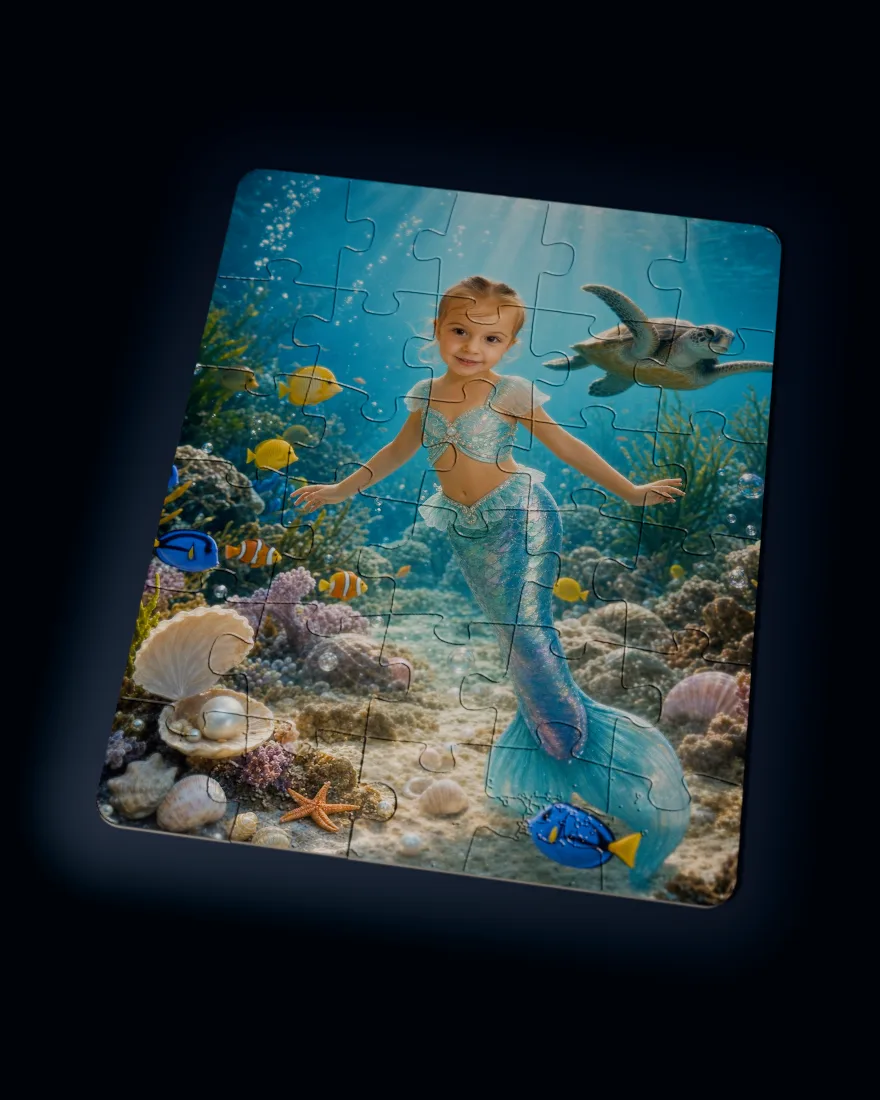 Mermaid Lagoon printed as a custom jigsaw puzzle, every piece in place