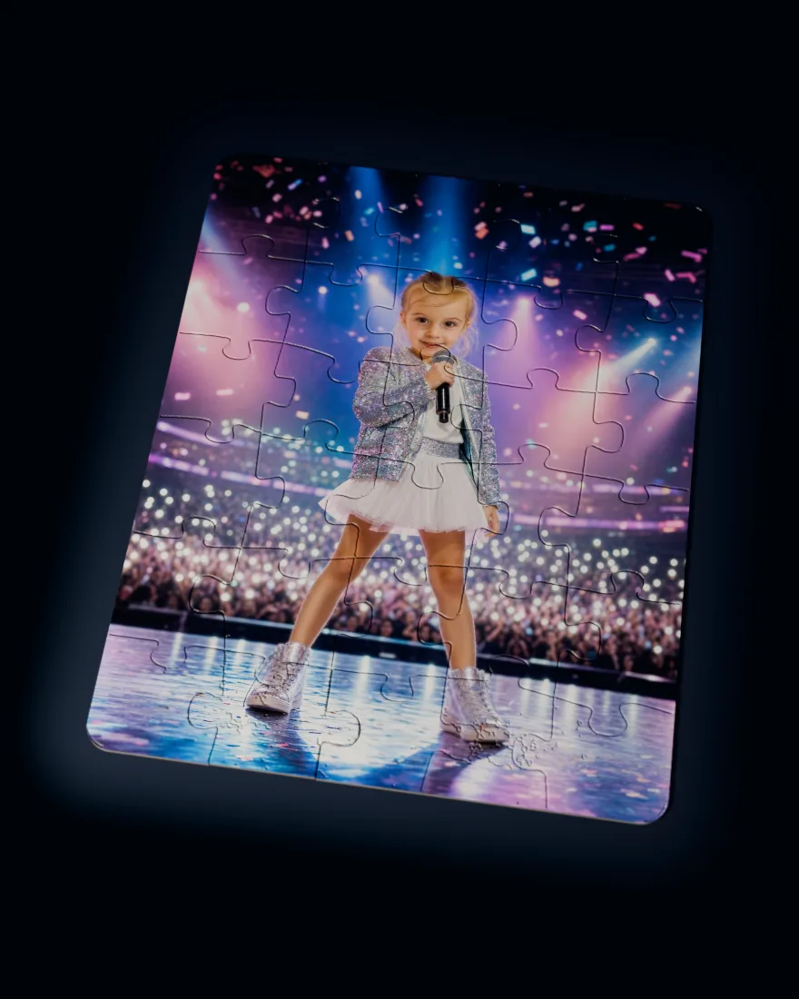 Pop Star printed as a custom jigsaw puzzle, every piece in place