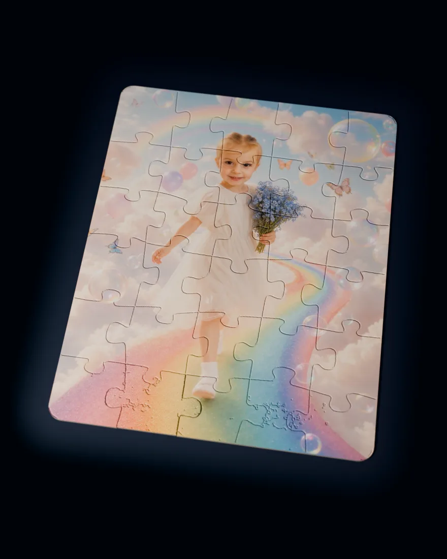 Rainbow Dreamland printed as a custom jigsaw puzzle, every piece in place