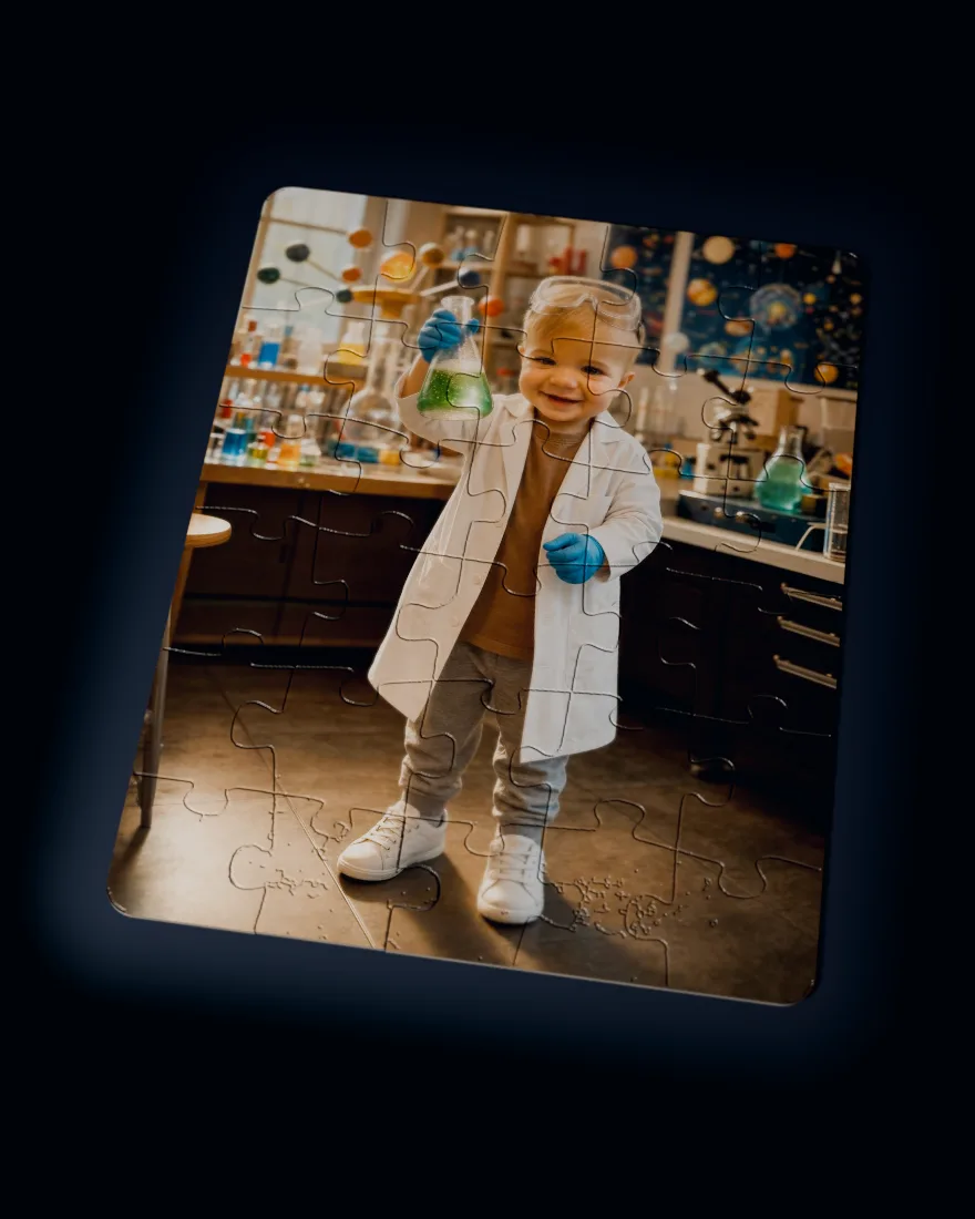 Super Scientist printed as a custom jigsaw puzzle, every piece in place
