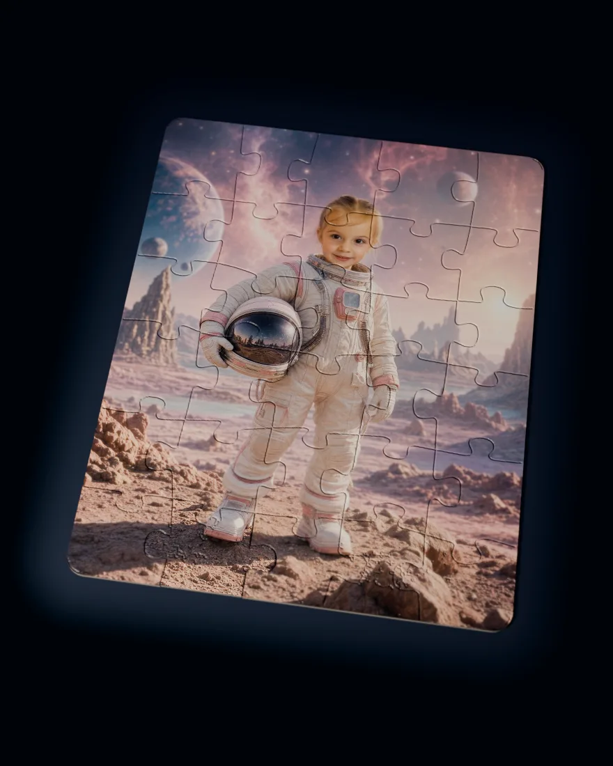 A child painted as an astronaut on a pastel planet, printed as a custom jigsaw puzzle