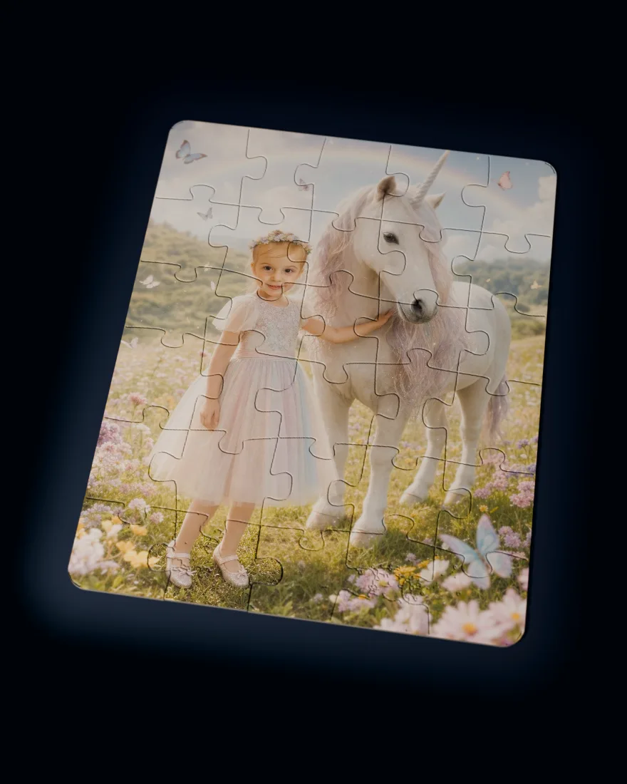Unicorn Meadow printed as a custom jigsaw puzzle, every piece in place