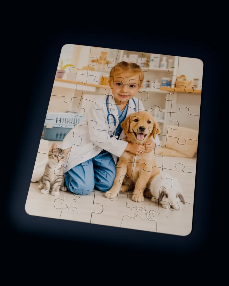 Pet Vet printed as a custom jigsaw puzzle, every piece in place