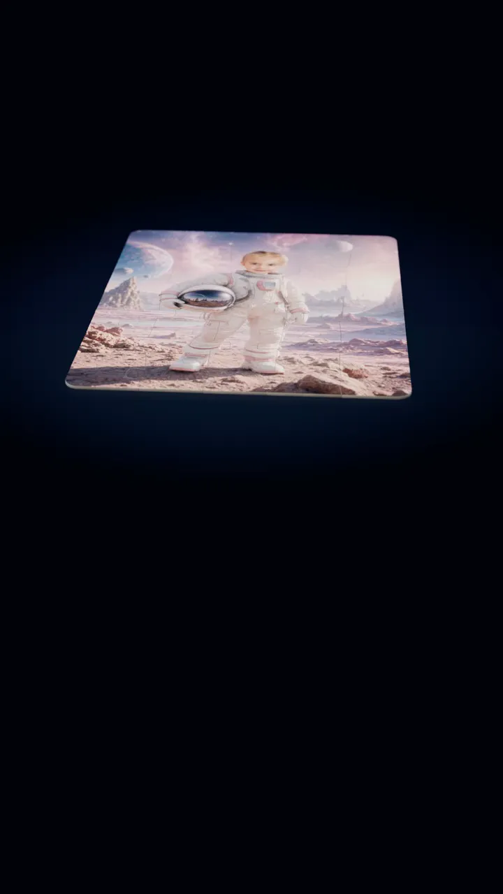 A 30-piece jigsaw puzzle of a child painted as an astronaut on a pink alien planet lies on a dark table, and one piece lifts out of its slot, turns over and settles back in