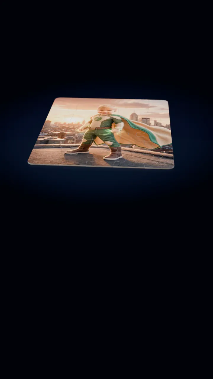A 30-piece jigsaw puzzle of a child painted as a superhero on a city rooftop at sunset lies on a dark table, and one piece lifts out of its slot, turns over and settles back in