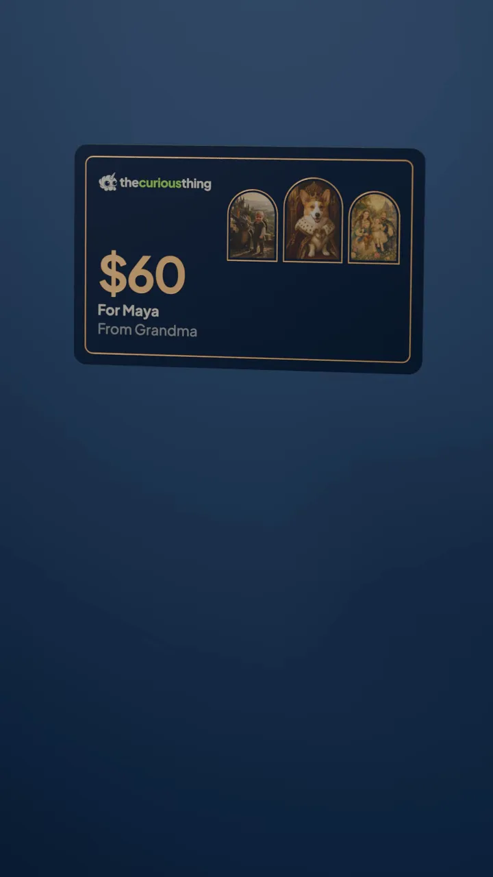 A navy gift card with gold foil and three arched portraits, a child, a dog and a family, turning slowly in front of a soft navy wall