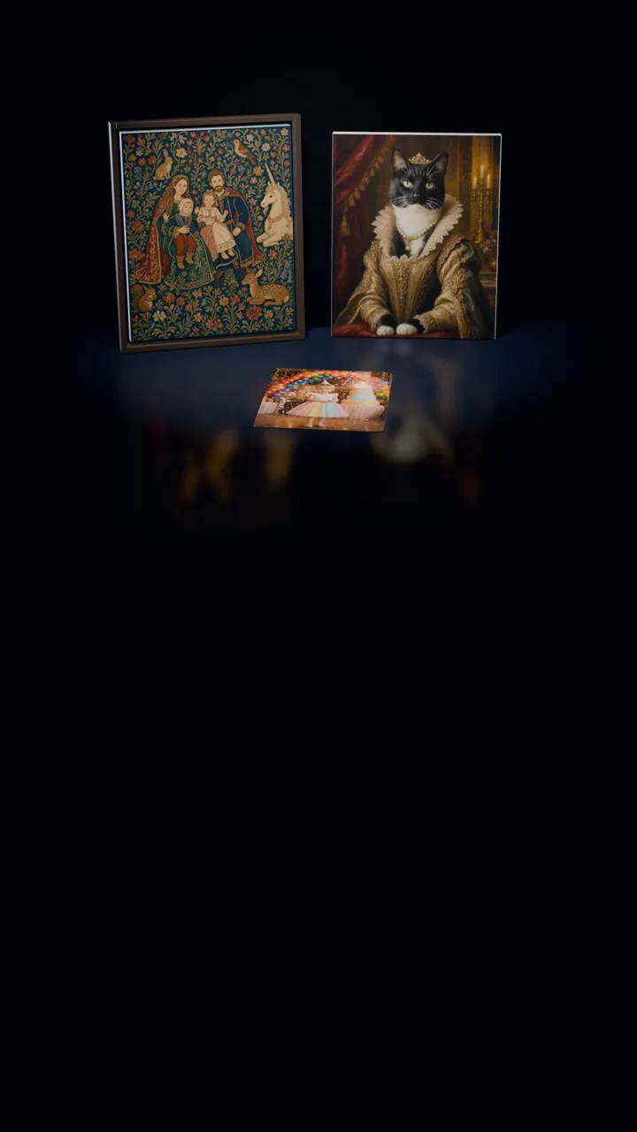 A family tapestry portrait in an espresso frame, a cat painted as a duchess on a gallery canvas and a child at a birthday party on a 30-piece puzzle, in a dark room