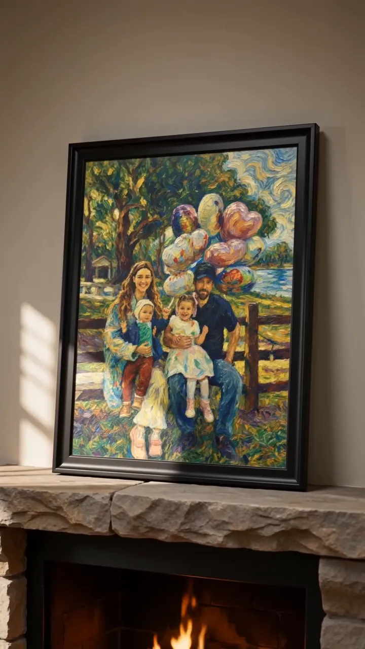 A family reimagined as an oil painting, printed as a framed canvas standing on a stone mantelpiece above a lit fire