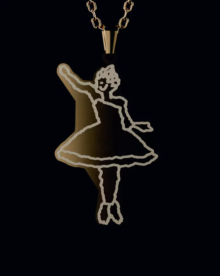 The ballerina as a gold pendant cut to its shape and engraved, hanging on its chain