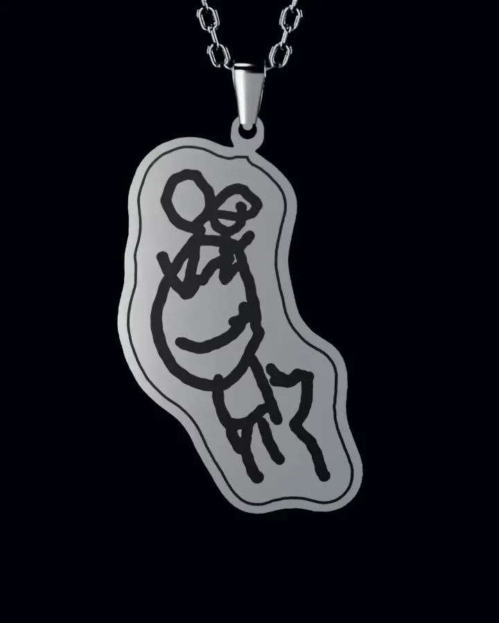 The little figure as a steel pendant in a smooth pebble shape, printed in black