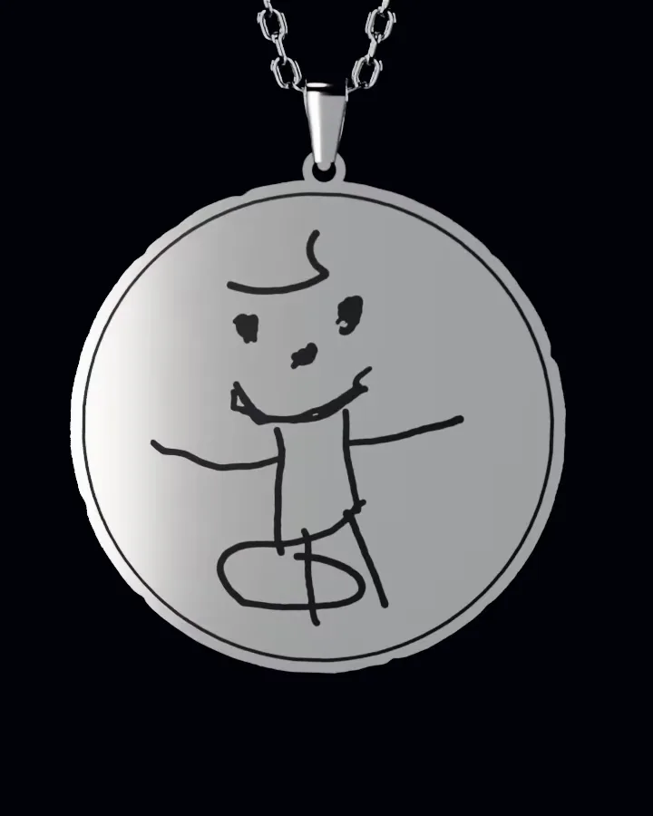 The stick figure as a round sterling silver pendant, arms and all, printed in black