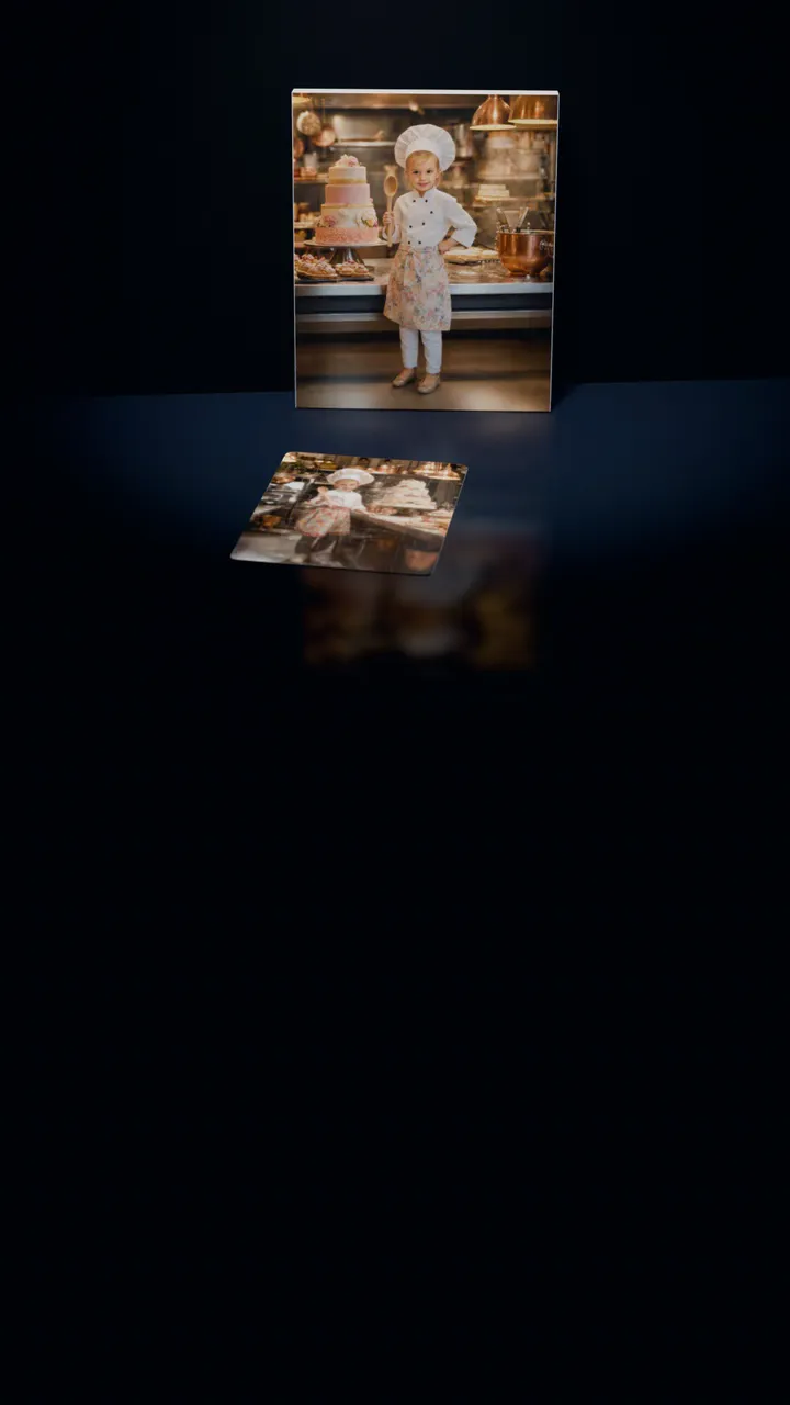 Two Head Chef portraits in a dark room: one on a gallery canvas leaning against the wall, the other on a 30-piece puzzle in front of it, a piece lifting out of its slot, turning over and settling back