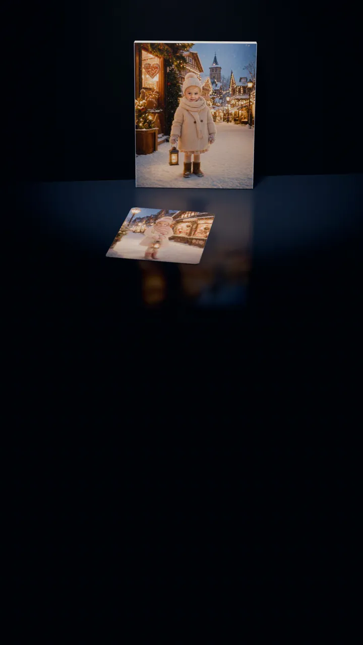 Two Christmas Village portraits in a dark room: one on a gallery canvas leaning against the wall, the other on a 30-piece puzzle in front of it, a piece lifting out of its slot, turning over and settling back
