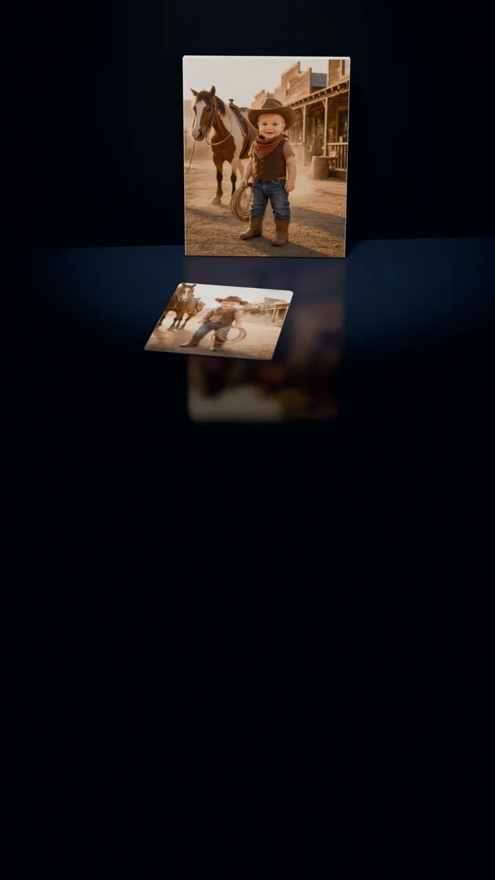 Two Wild West Cowboy portraits in a dark room: one on a gallery canvas leaning against the wall, the other on a 30-piece puzzle in front of it, a piece lifting out of its slot, turning over and settling back