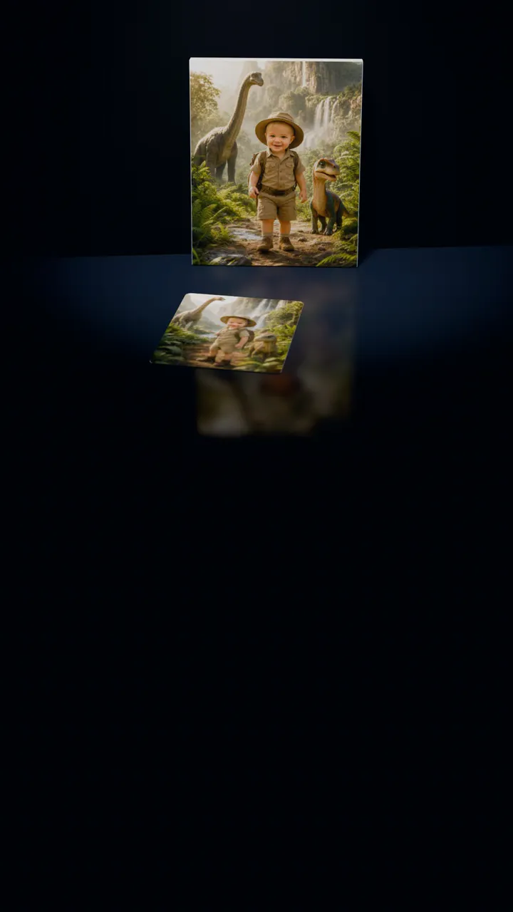 Two Dino Expedition portraits in a dark room: one on a gallery canvas leaning against the wall, the other on a 30-piece puzzle in front of it, a piece lifting out of its slot, turning over and settling back