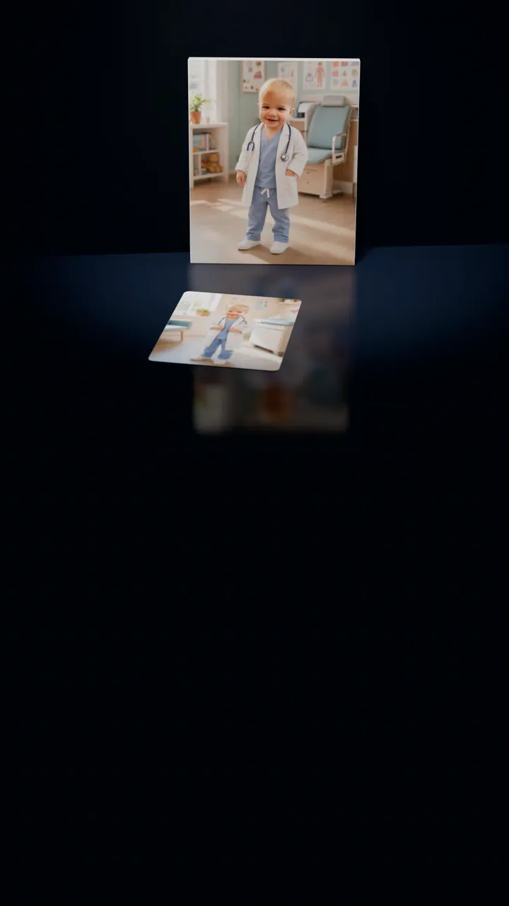 Two Little Doctor portraits in a dark room: one on a gallery canvas leaning against the wall, the other on a 30-piece puzzle in front of it, a piece lifting out of its slot, turning over and settling back