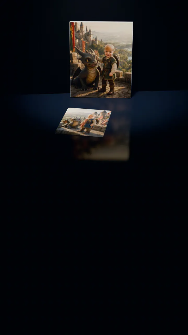 Two Dragon Kingdom portraits in a dark room: one on a gallery canvas leaning against the wall, the other on a 30-piece puzzle in front of it, a piece lifting out of its slot, turning over and settling back