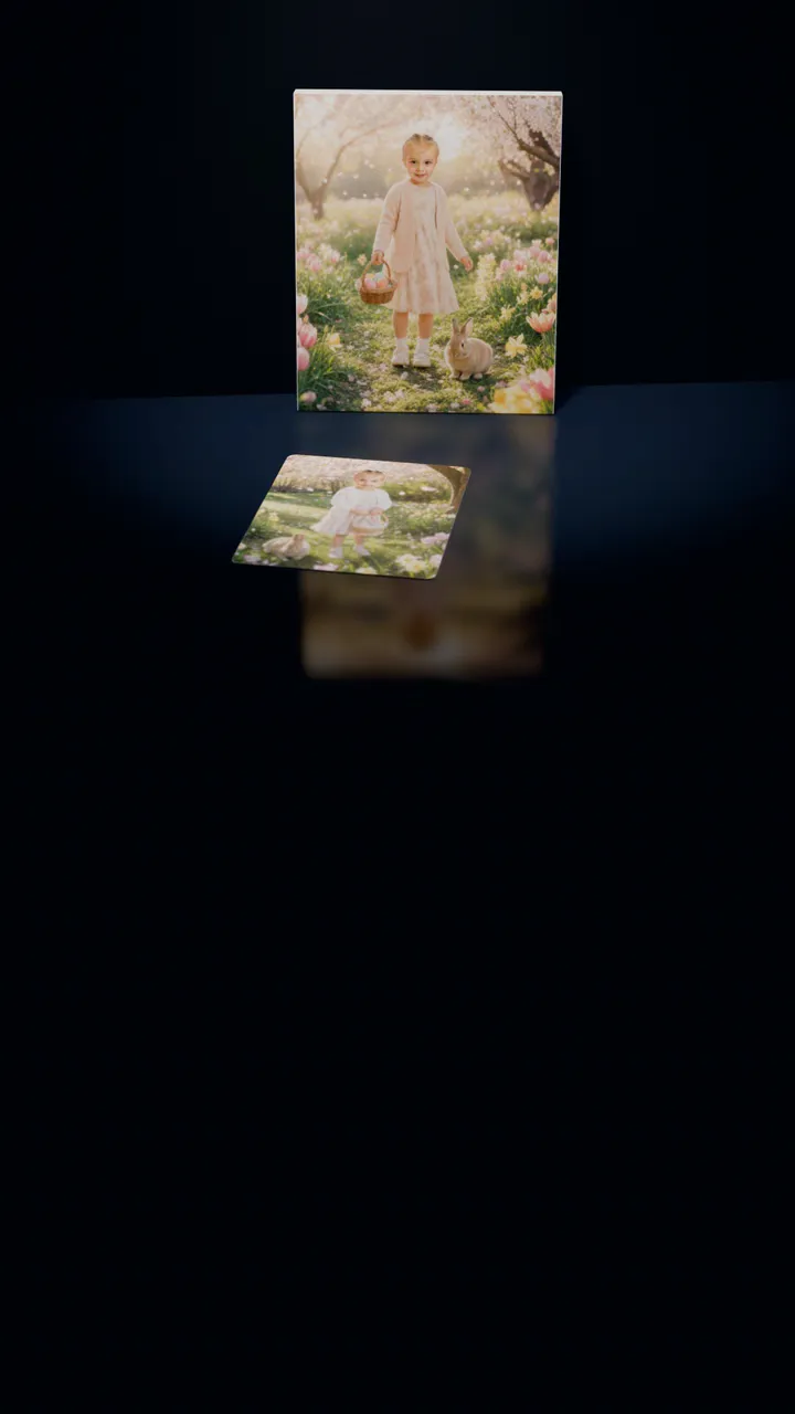 Two Easter Meadow portraits in a dark room: one on a gallery canvas leaning against the wall, the other on a 30-piece puzzle in front of it, a piece lifting out of its slot, turning over and settling back