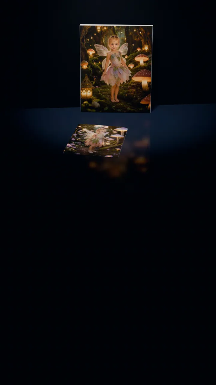 Two Fairy Forest portraits in a dark room: one on a gallery canvas leaning against the wall, the other on a 30-piece puzzle in front of it, a piece lifting out of its slot, turning over and settling back