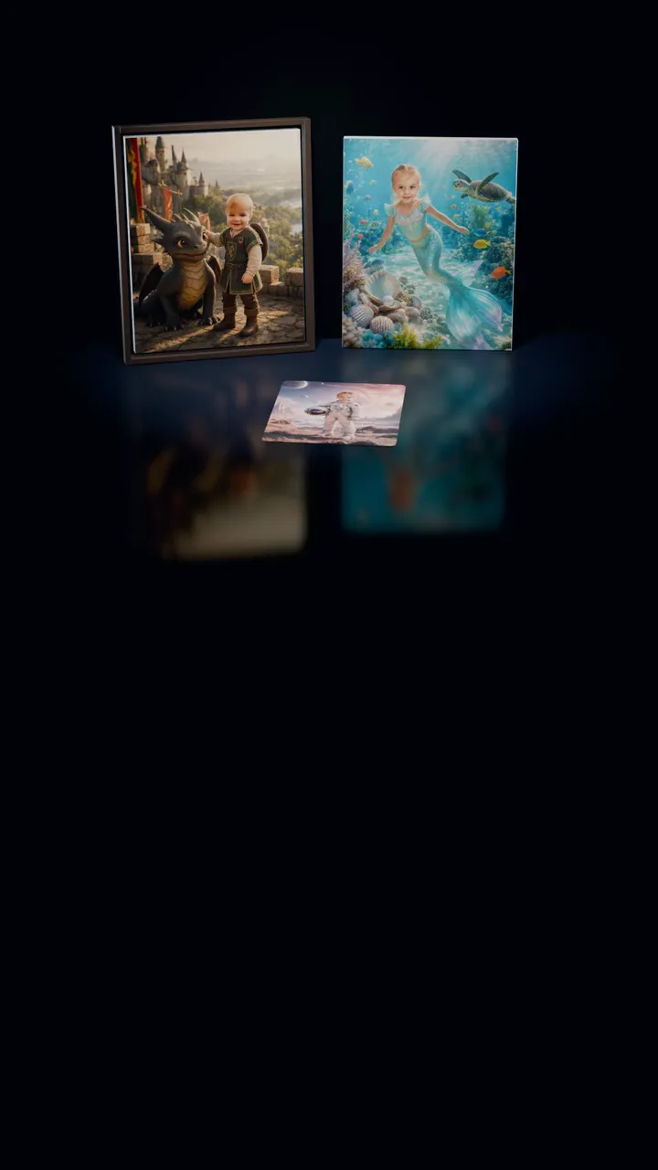 Three children in three worlds in a dark room: a young dragon tamer in an espresso frame, a mermaid on a gallery canvas and an astronaut on a 30-piece puzzle, a piece lifting out of its slot, turning over and settling back