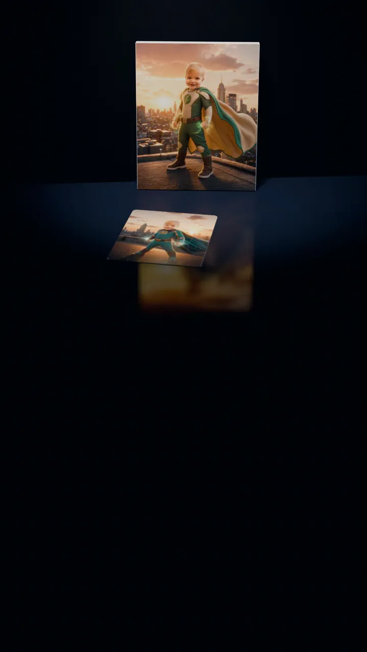 Two Superhero City portraits in a dark room: one on a gallery canvas leaning against the wall, the other on a 30-piece puzzle in front of it, a piece lifting out of its slot, turning over and settling back