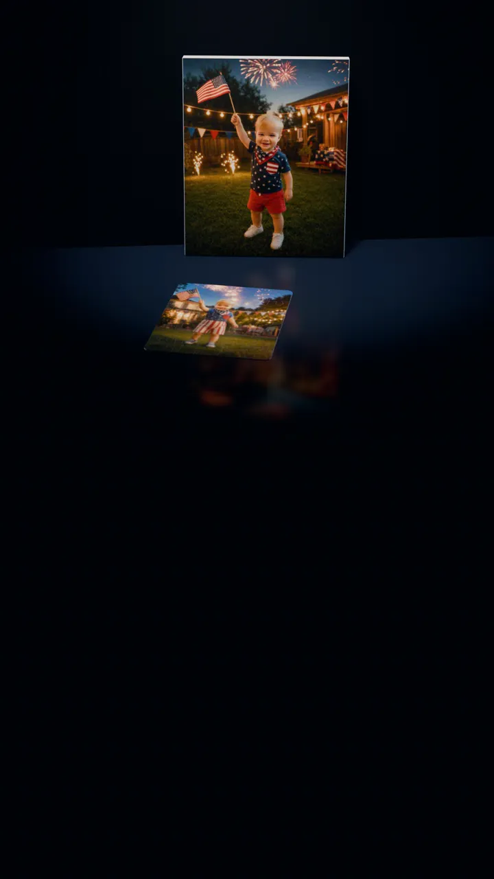 Two Fourth of July portraits in a dark room: one on a gallery canvas leaning against the wall, the other on a 30-piece puzzle in front of it, a piece lifting out of its slot, turning over and settling back