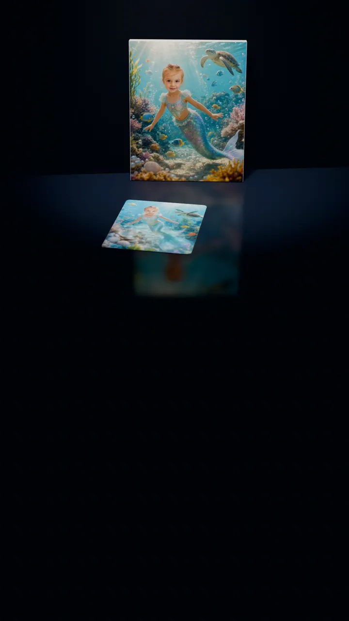 Two Mermaid Lagoon portraits in a dark room: one on a gallery canvas leaning against the wall, the other on a 30-piece puzzle in front of it, a piece lifting out of its slot, turning over and settling back
