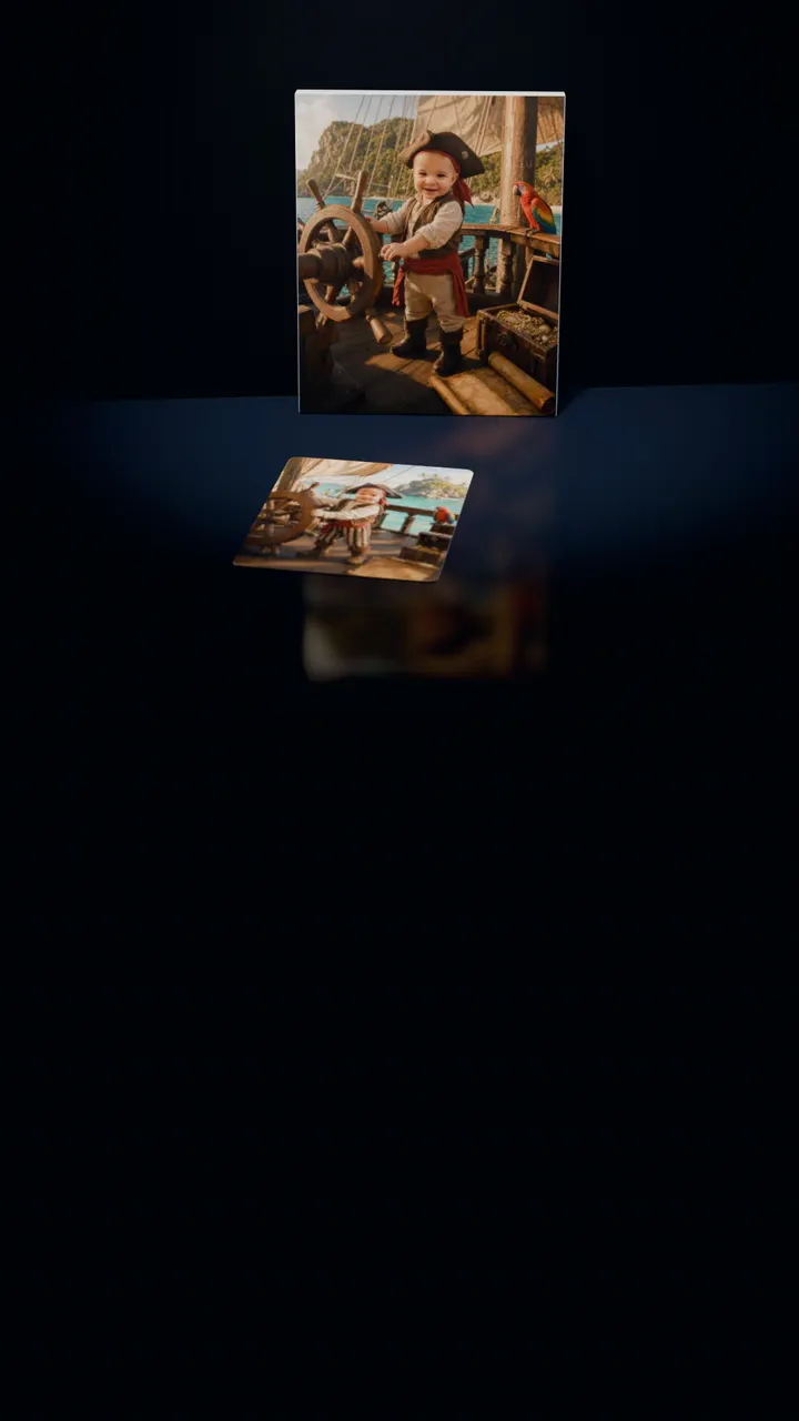 Two Pirate Cove portraits in a dark room: one on a gallery canvas leaning against the wall, the other on a 30-piece puzzle in front of it, a piece lifting out of its slot, turning over and settling back