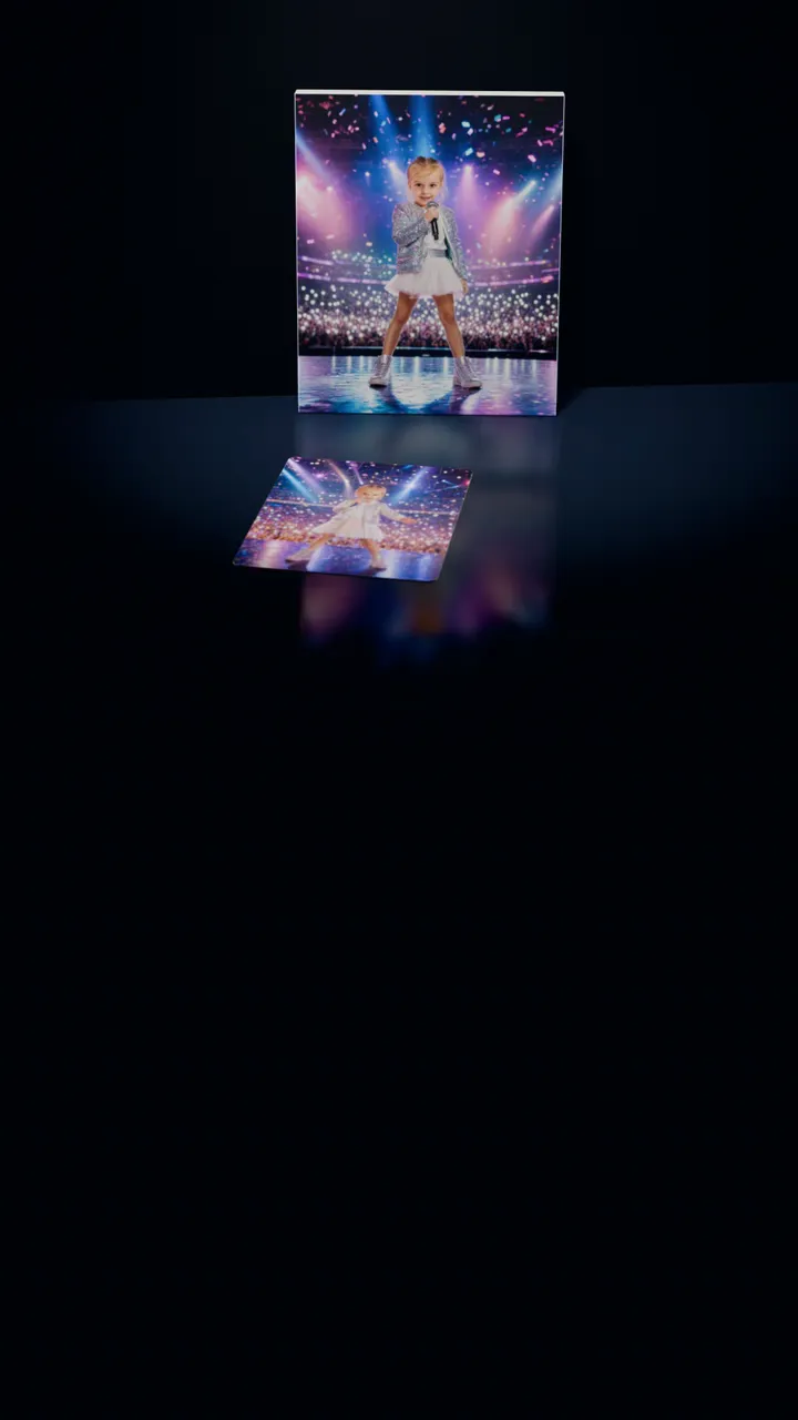 Two Pop Star portraits in a dark room: one on a gallery canvas leaning against the wall, the other on a 30-piece puzzle in front of it, a piece lifting out of its slot, turning over and settling back