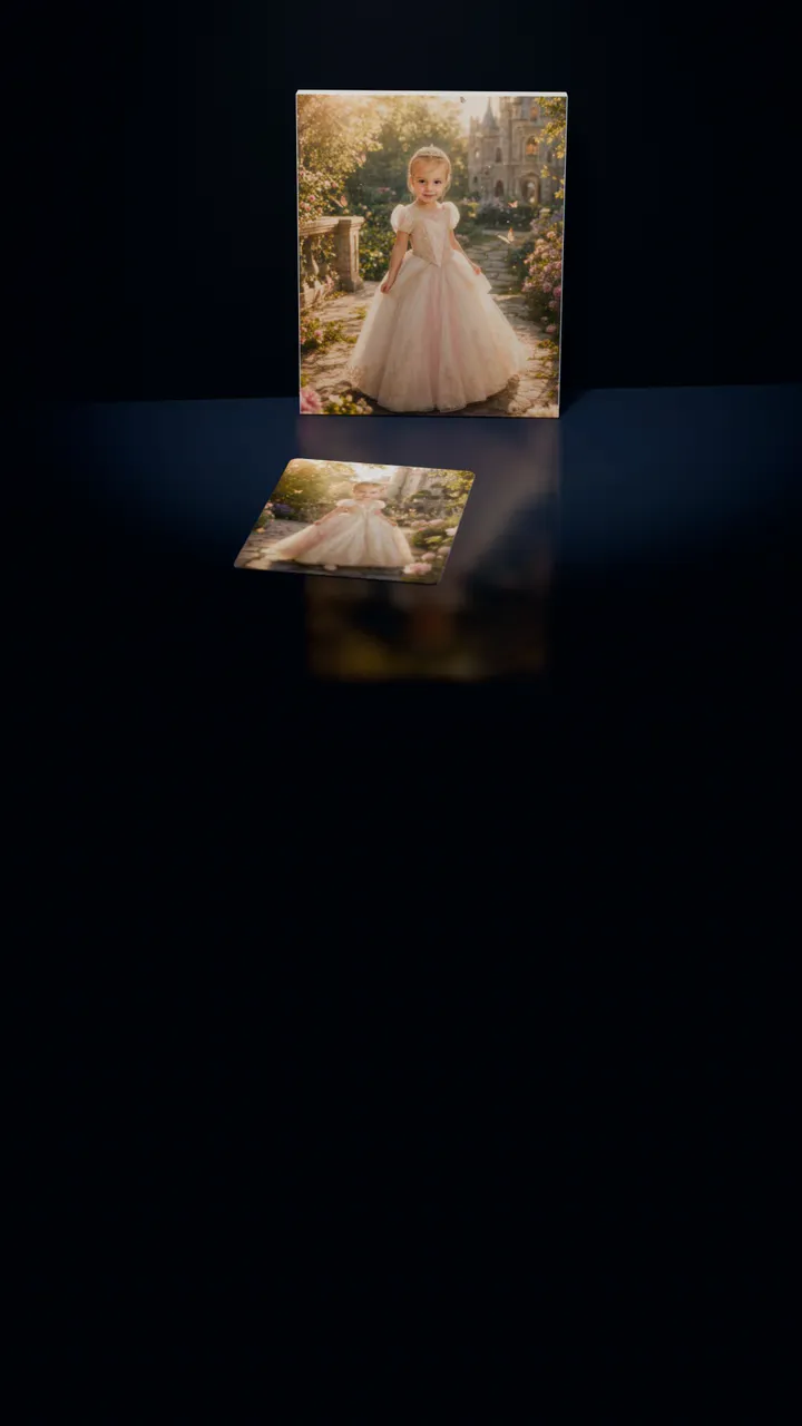 Two Princess Kingdom portraits in a dark room: one on a gallery canvas leaning against the wall, the other on a 30-piece puzzle in front of it, a piece lifting out of its slot, turning over and settling back