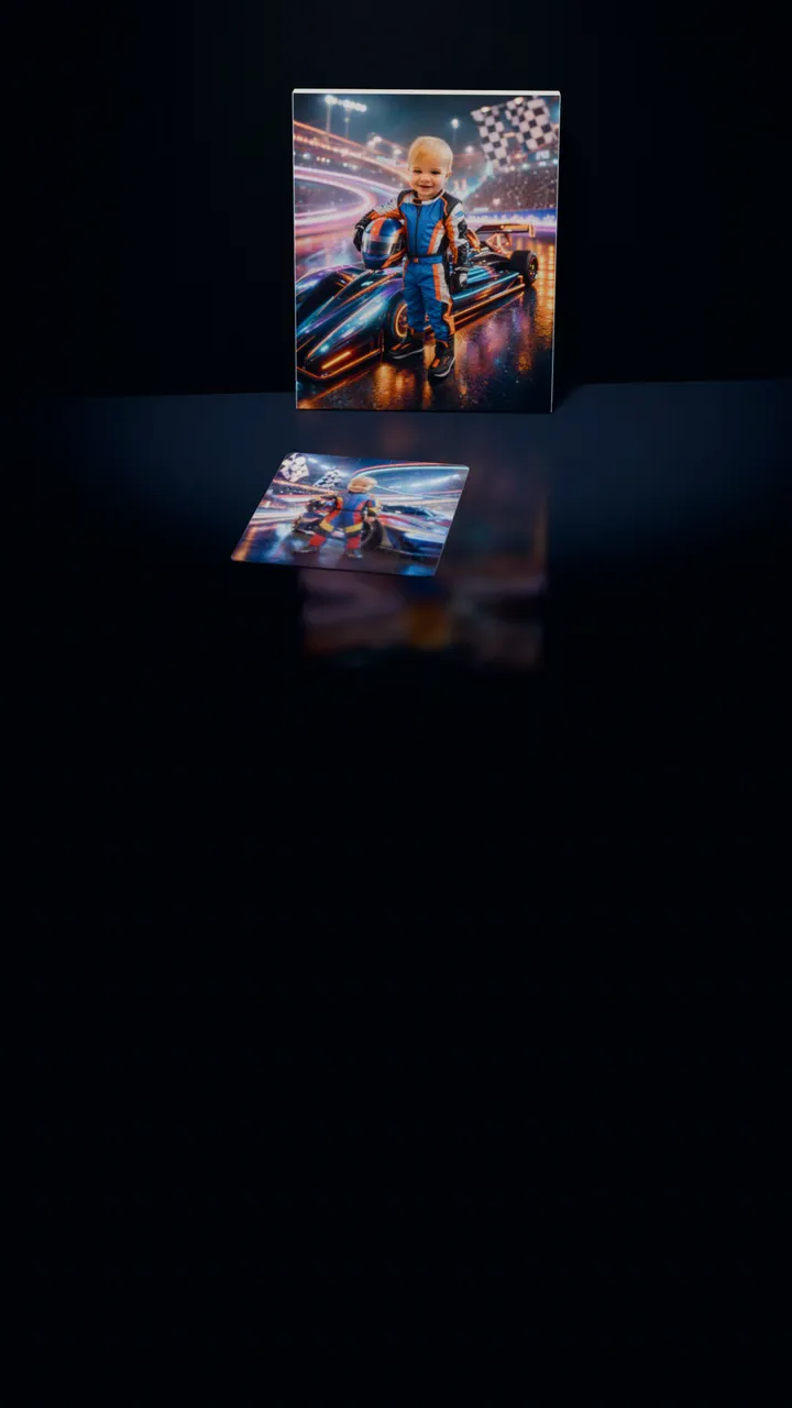 Two Victory Lane portraits in a dark room: one on a gallery canvas leaning against the wall, the other on a 30-piece puzzle in front of it, a piece lifting out of its slot, turning over and settling back