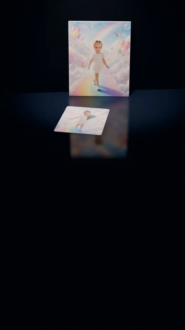 Two Rainbow Dreamland portraits in a dark room: one on a gallery canvas leaning against the wall, the other on a 30-piece puzzle in front of it, a piece lifting out of its slot, turning over and settling back