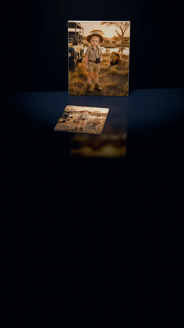 Two Jungle Safari portraits in a dark room: one on a gallery canvas leaning against the wall, the other on a 30-piece puzzle in front of it, a piece lifting out of its slot, turning over and settling back