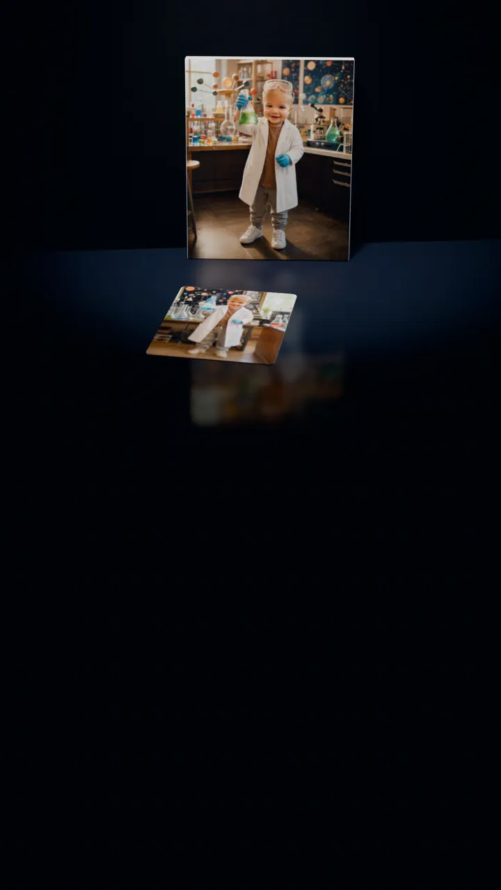 Two Super Scientist portraits in a dark room: one on a gallery canvas leaning against the wall, the other on a 30-piece puzzle in front of it, a piece lifting out of its slot, turning over and settling back