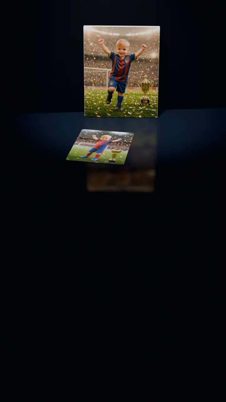Two Soccer Star portraits in a dark room: one on a gallery canvas leaning against the wall, the other on a 30-piece puzzle in front of it, a piece lifting out of its slot, turning over and settling back