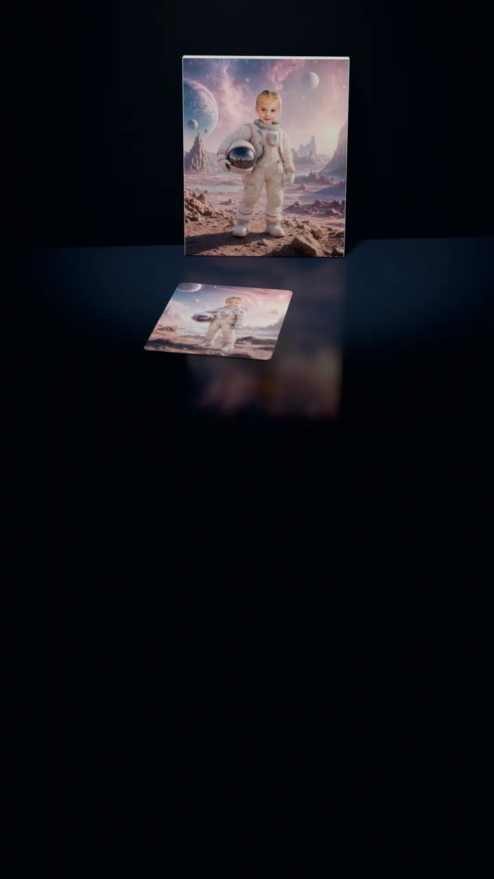 Two Space Explorer portraits in a dark room: one on a gallery canvas leaning against the wall, the other on a 30-piece puzzle in front of it, a piece lifting out of its slot, turning over and settling back