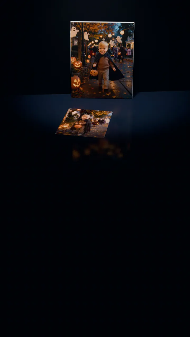 Two Spooky Night portraits in a dark room: one on a gallery canvas leaning against the wall, the other on a 30-piece puzzle in front of it, a piece lifting out of its slot, turning over and settling back