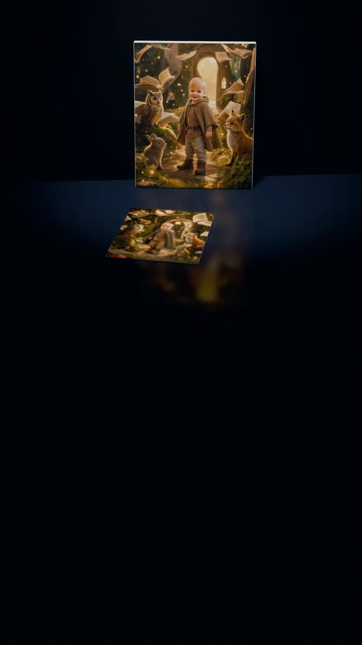 Two Storybook Land portraits in a dark room: one on a gallery canvas leaning against the wall, the other on a 30-piece puzzle in front of it, a piece lifting out of its slot, turning over and settling back