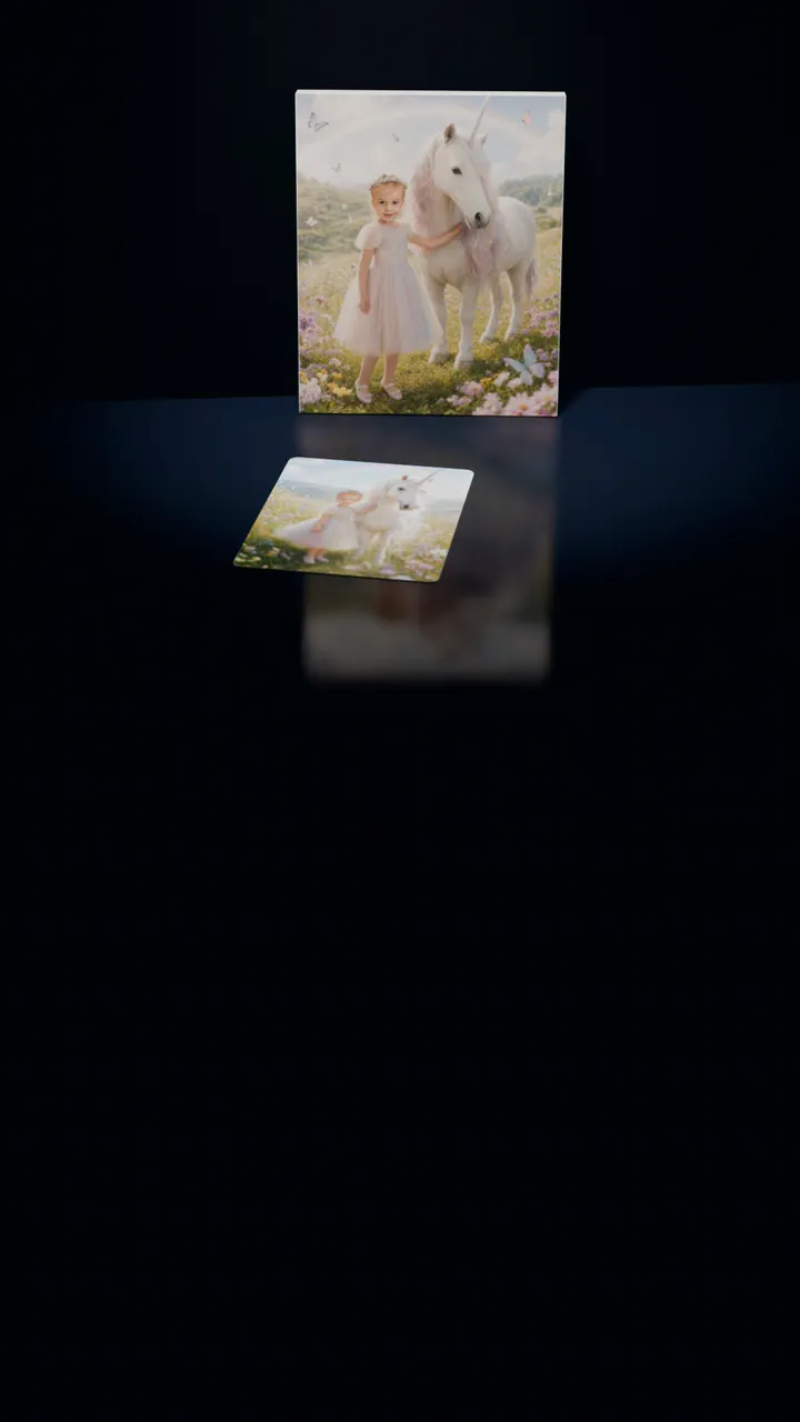 Two Unicorn Meadow portraits in a dark room: one on a gallery canvas leaning against the wall, the other on a 30-piece puzzle in front of it, a piece lifting out of its slot, turning over and settling back