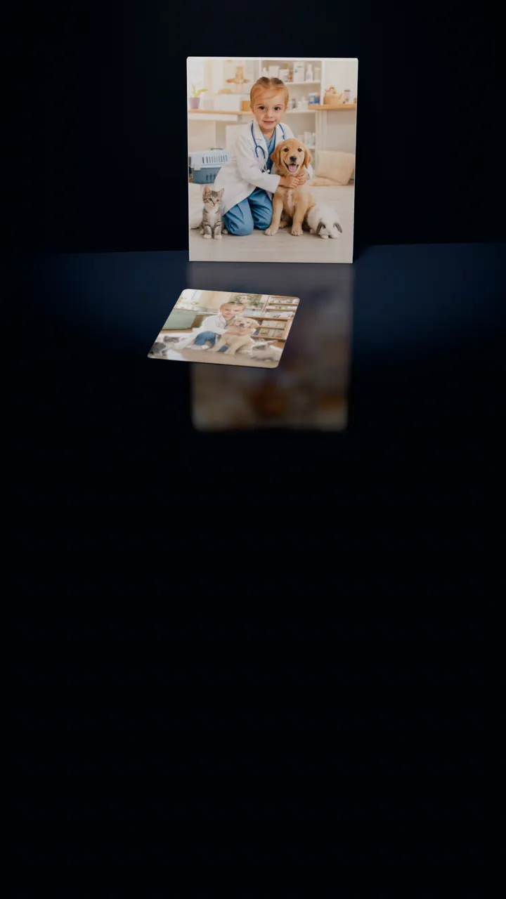 Two Pet Vet portraits in a dark room: one on a gallery canvas leaning against the wall, the other on a 30-piece puzzle in front of it, a piece lifting out of its slot, turning over and settling back